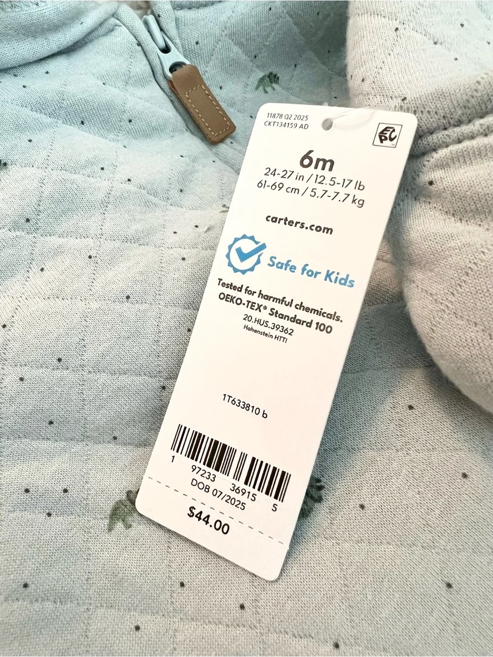 Carter's Baby Boys' Hooded Quilted Pram Sleep & Play onsie bodysuit 6 months NWT